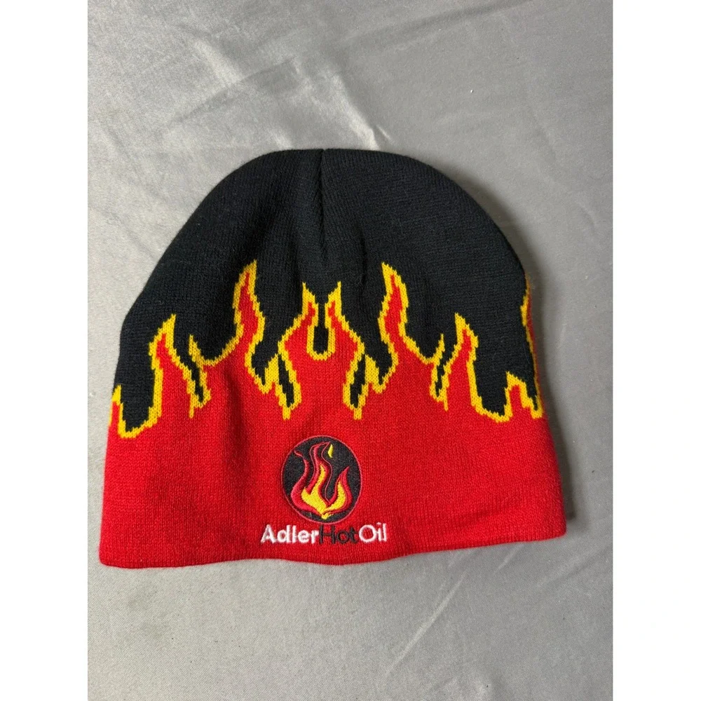 Adler Hot Oil Flame Knit Beanie Hat Black Red Yellow Embroidered Logo One Size